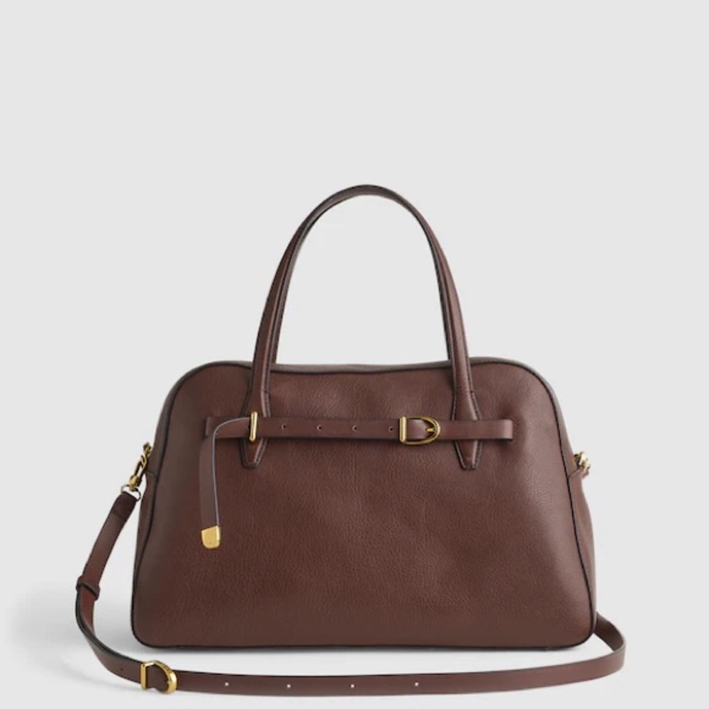 Brown Leather Tote Satchel Bag with Gold Accents